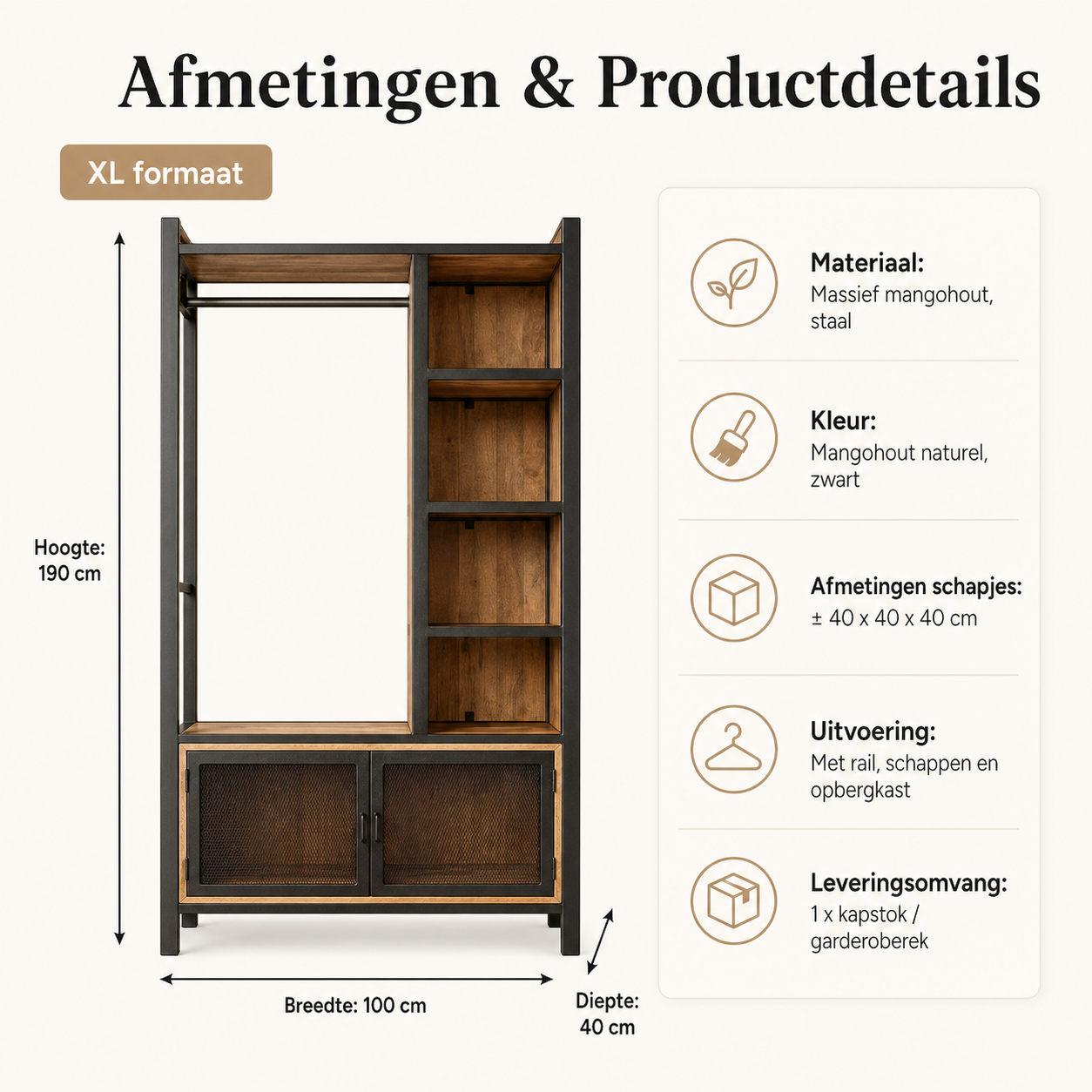 Garderoberek met rail en schappen Industrieel Design | Mangohout en Staal | 100x40x190cm