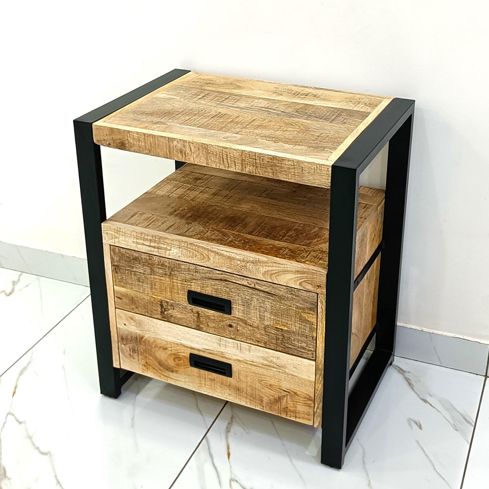 Industrieel Kastje van Mangohout met 2 Lades – Staal & Massief Hout | 75x65x45 cm - Industrieelinhuis.nl