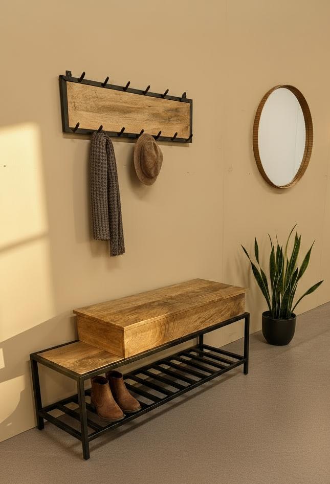 Kapstok & Bankje “Urban Loft” – Licht Mangohout met Industrieel Karakter (110 cm)