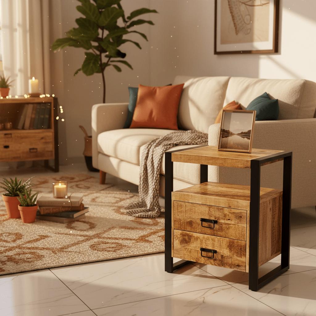 Industrieel Mangohouten Kastje met Stalen Frame – Compact, Stoer & Stijlvol (2 Lades)