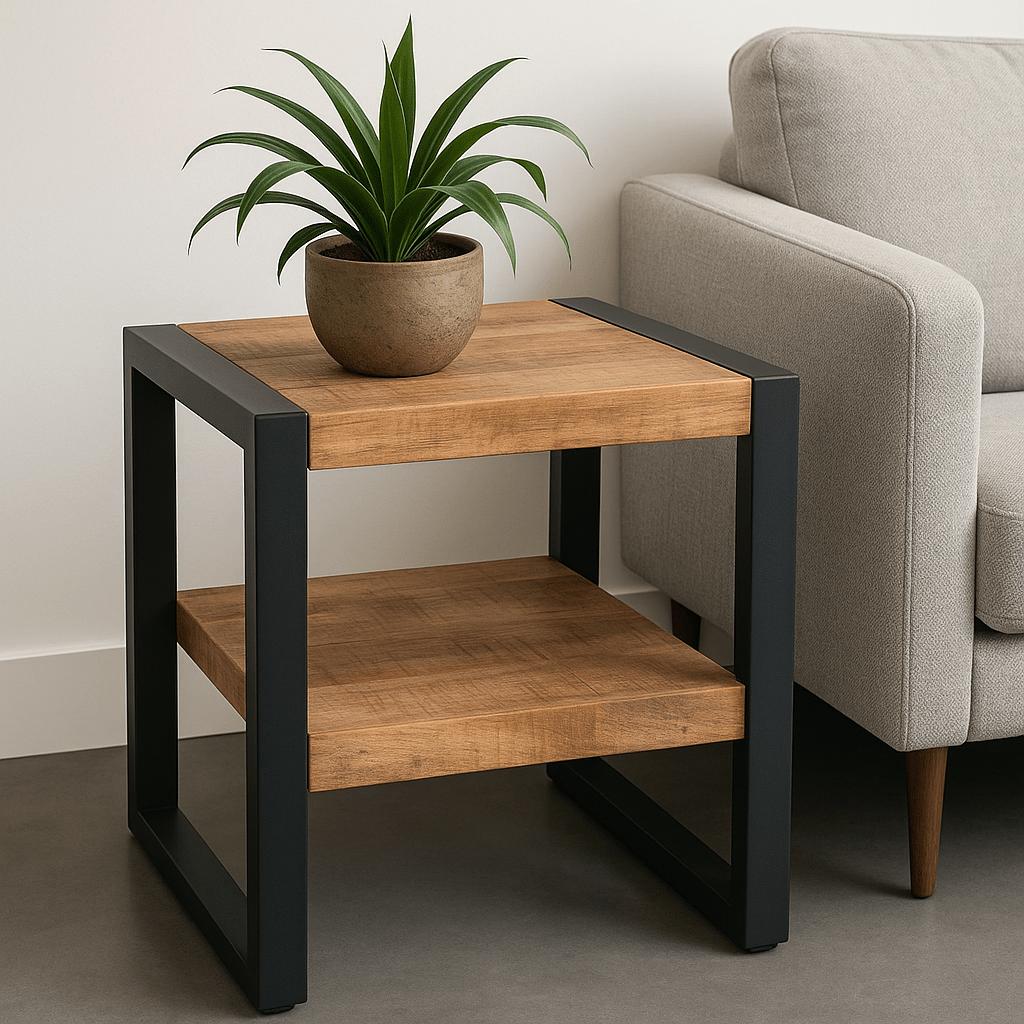 Salontafel Bijzettafel Industrieel Design | Mangohout en Staal | 50x50x45 - Industrieelinhuis.nl