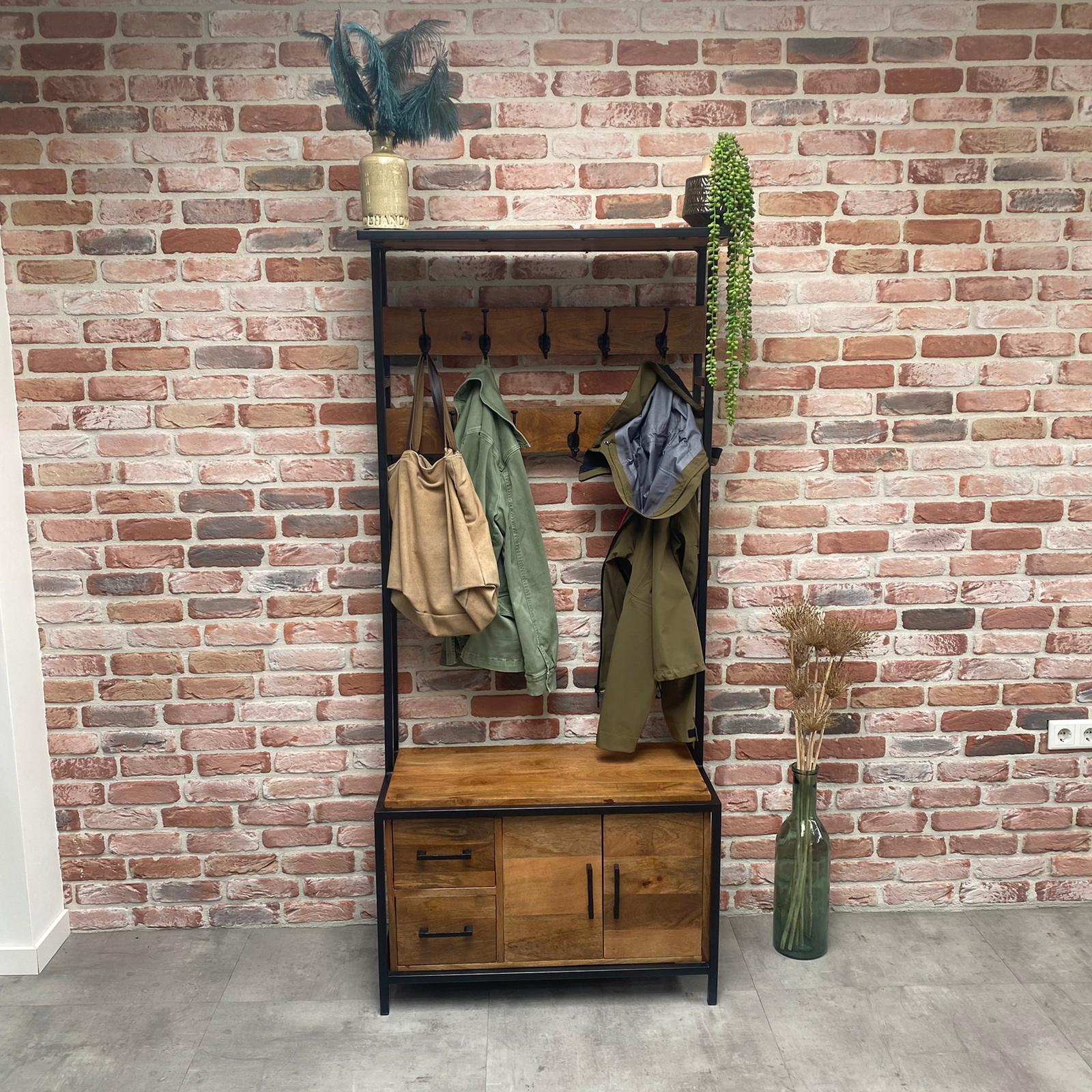 Garderoberek Industrieel Design | Mangohout en Staal | 80x40x190cm