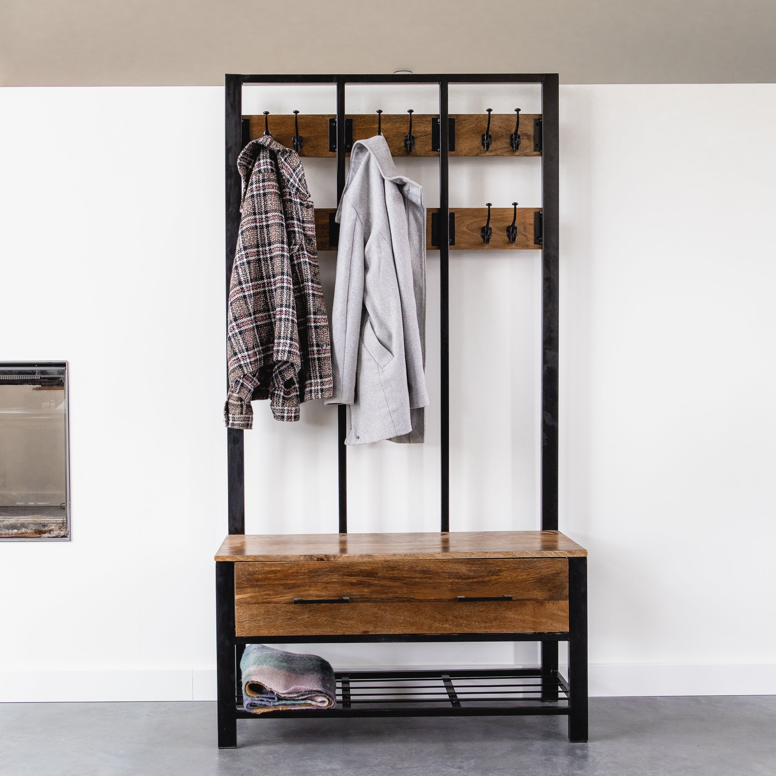 Garderoberek met Lade XL Industrieel Design | Mangohout en Staal | 100x40x190cm - Industrieelinhuis.nl