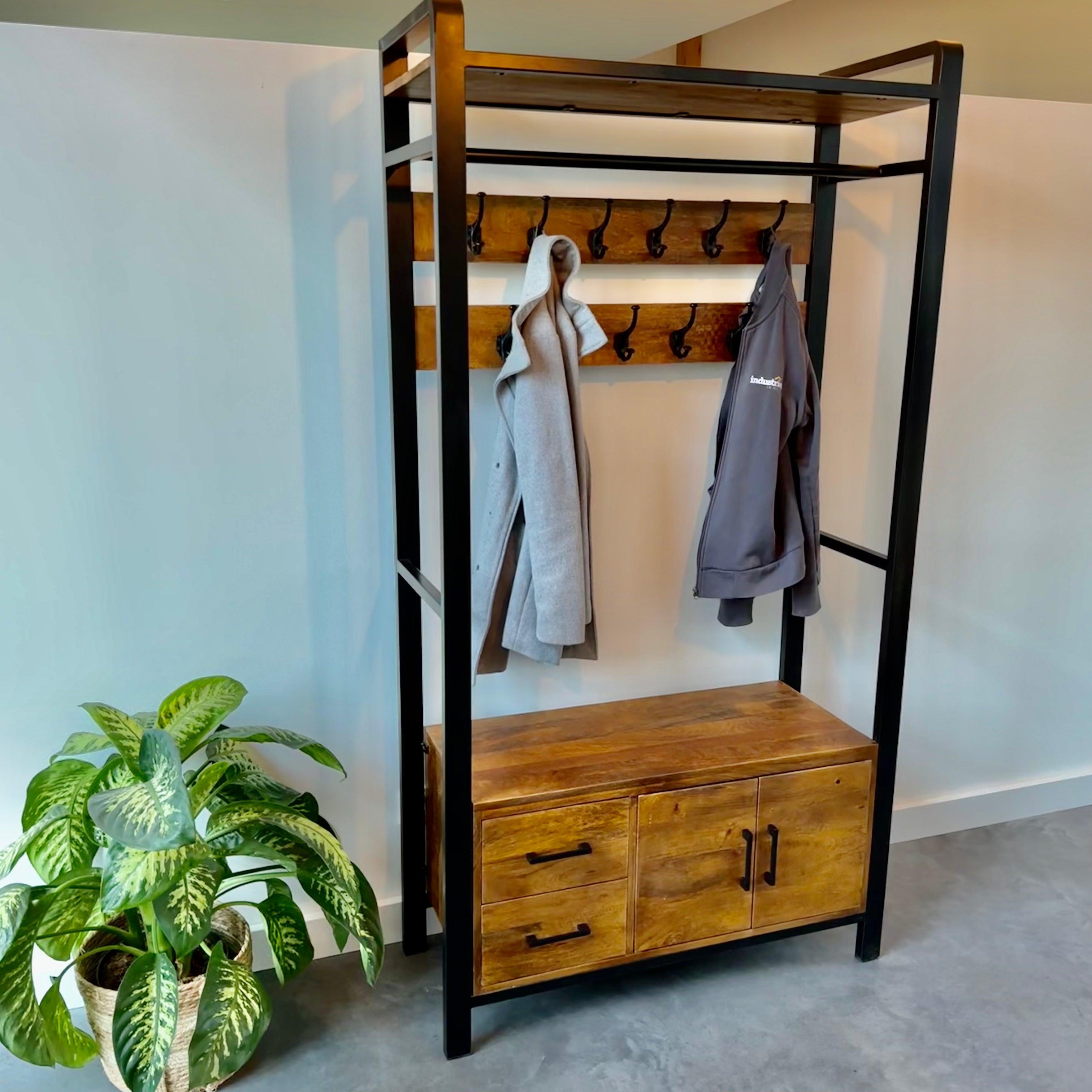 Garderoberek met rail en haken Industrieel Design | Mangohout en Staal | 100x40x190cm