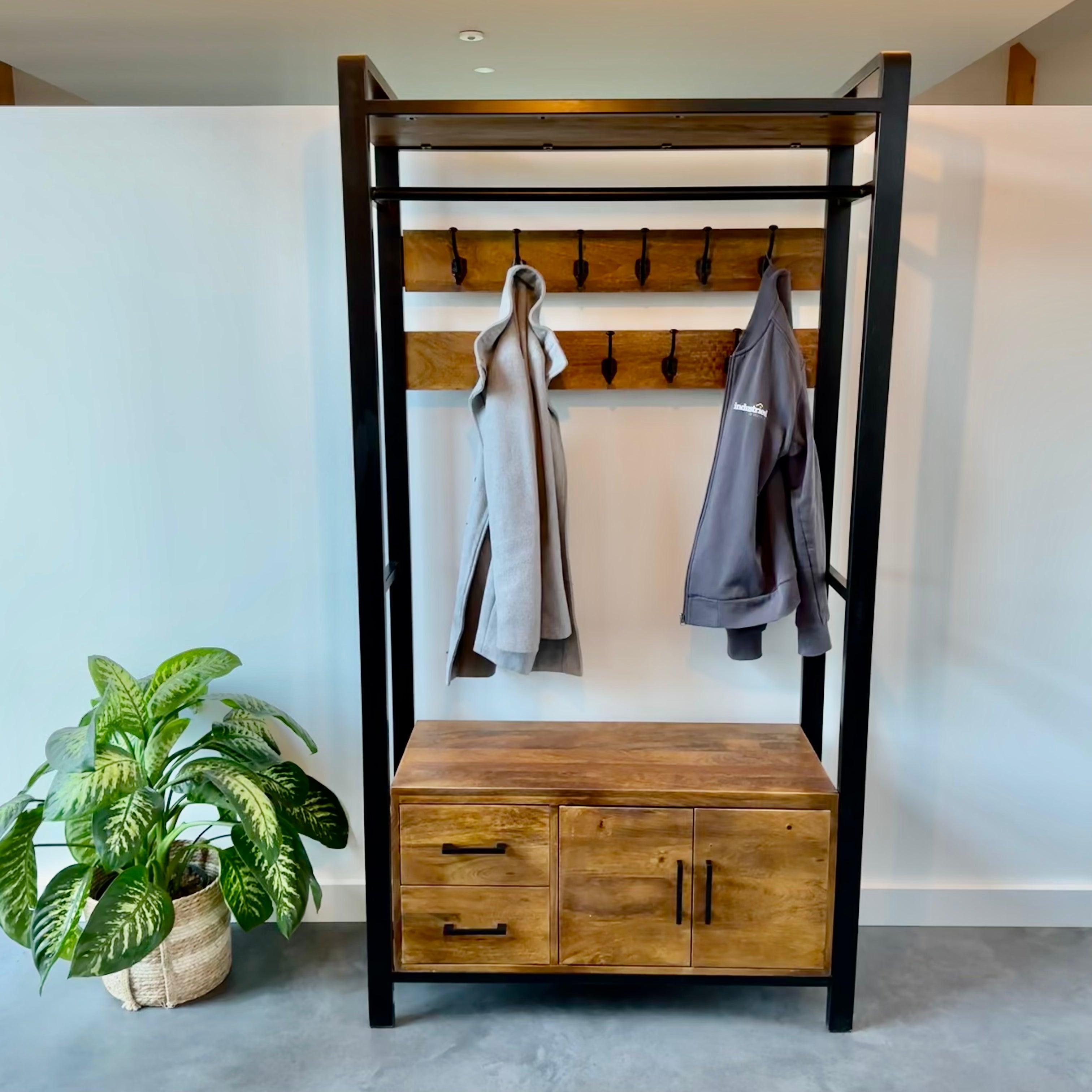 Garderoberek met rail en haken Industrieel Design | Mangohout en Staal | 100x40x190cm