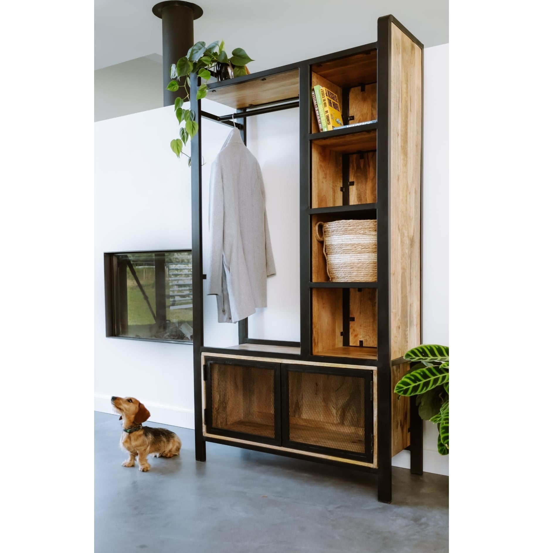 Garderoberek met rail en schappen Industrieel Design | Mangohout en Staal | 100x40x190cm - Industrieelinhuis.nl
