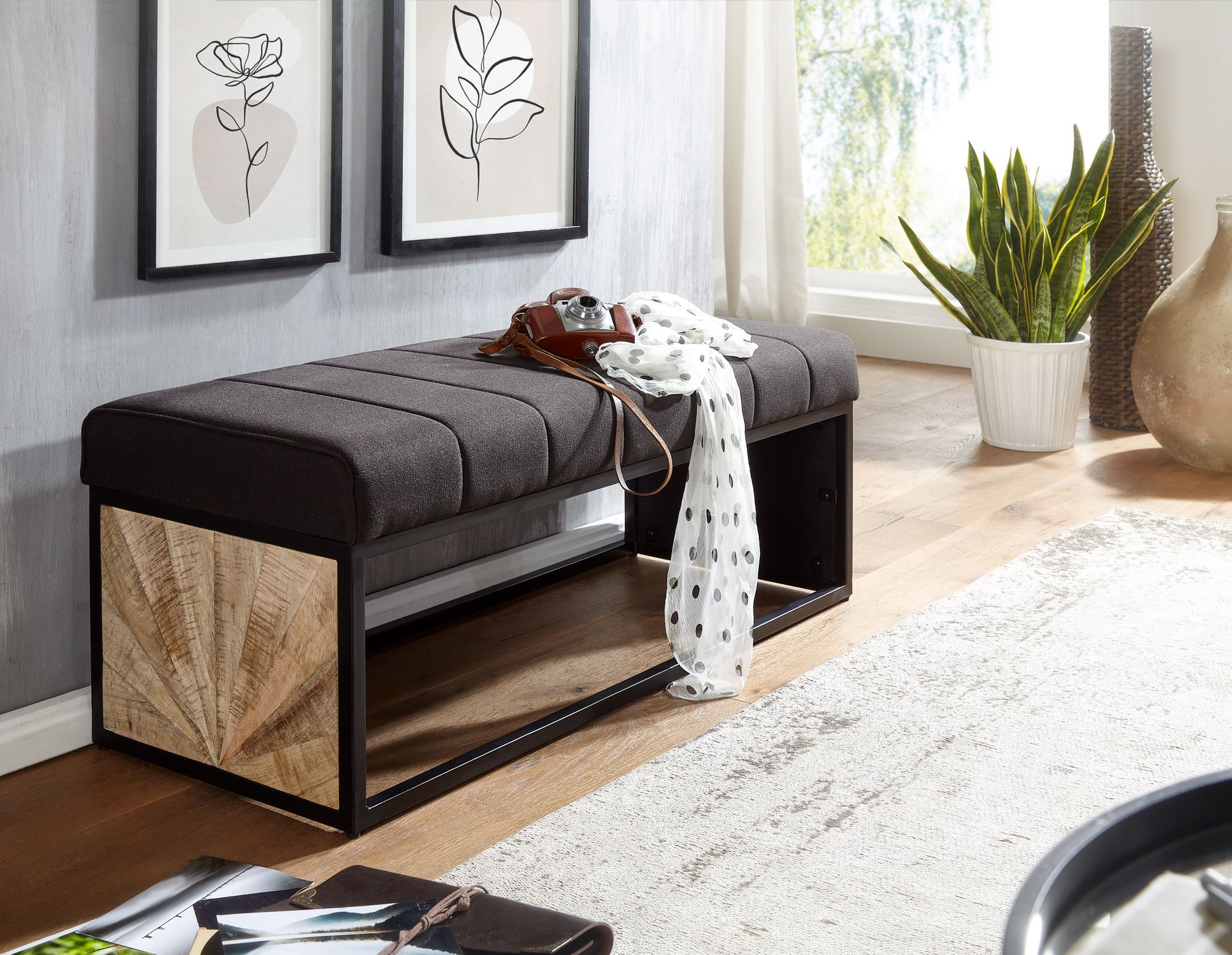 Halbankje zwart | 105 cm x 40 cm x 40 cm | stijlvol groef patroon