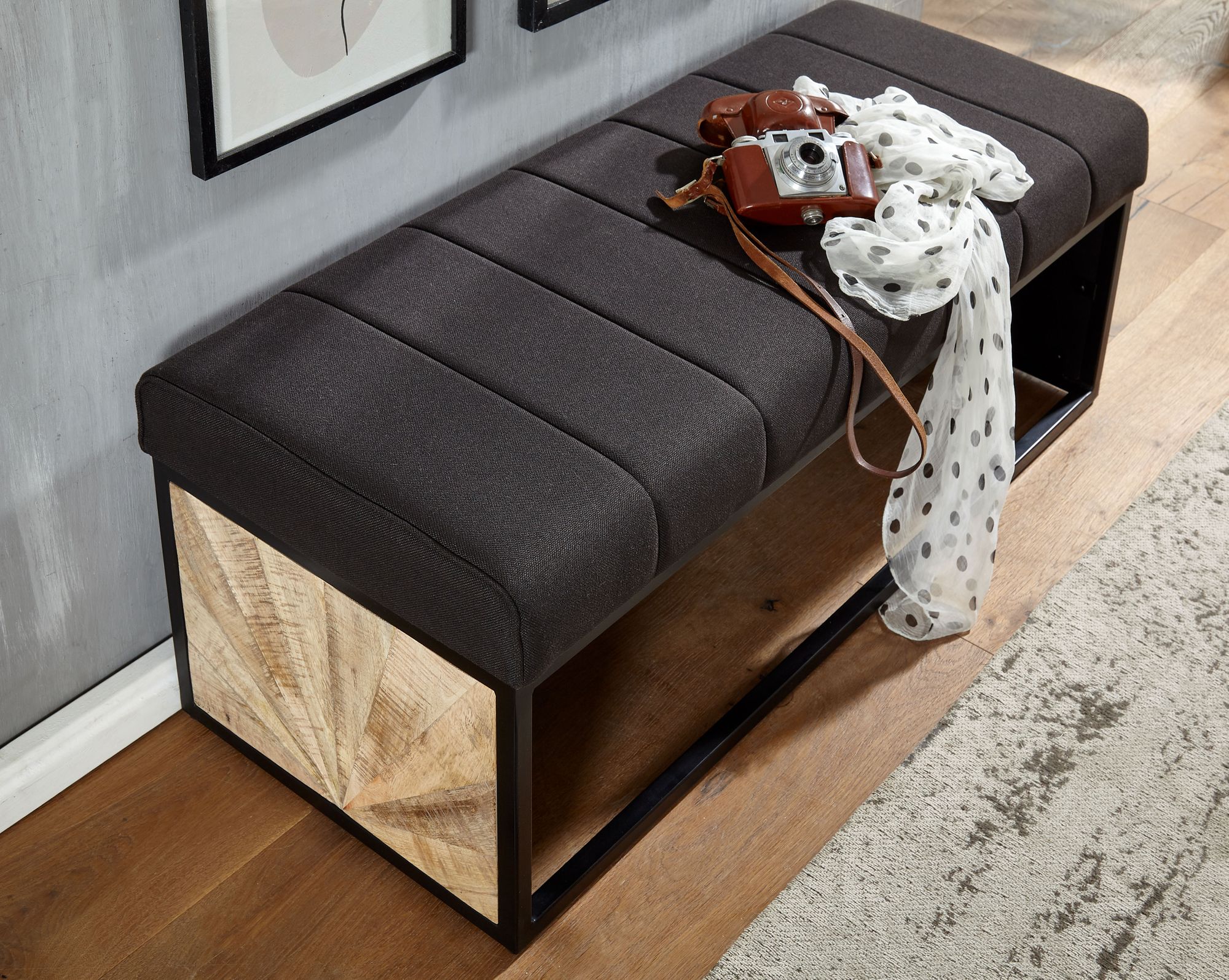 Halbankje zwart | 105 cm x 40 cm x 40 cm | stijlvol groef patroon