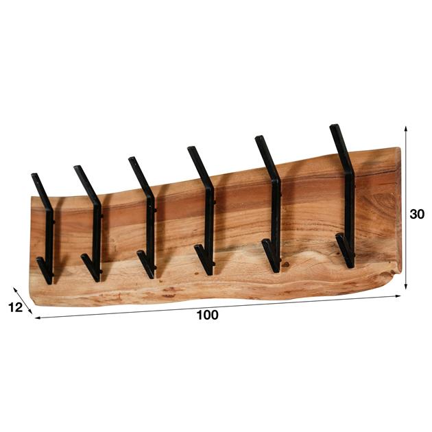 Kapstok Eddie 2x 6 haken - acacia hout - 100 cm