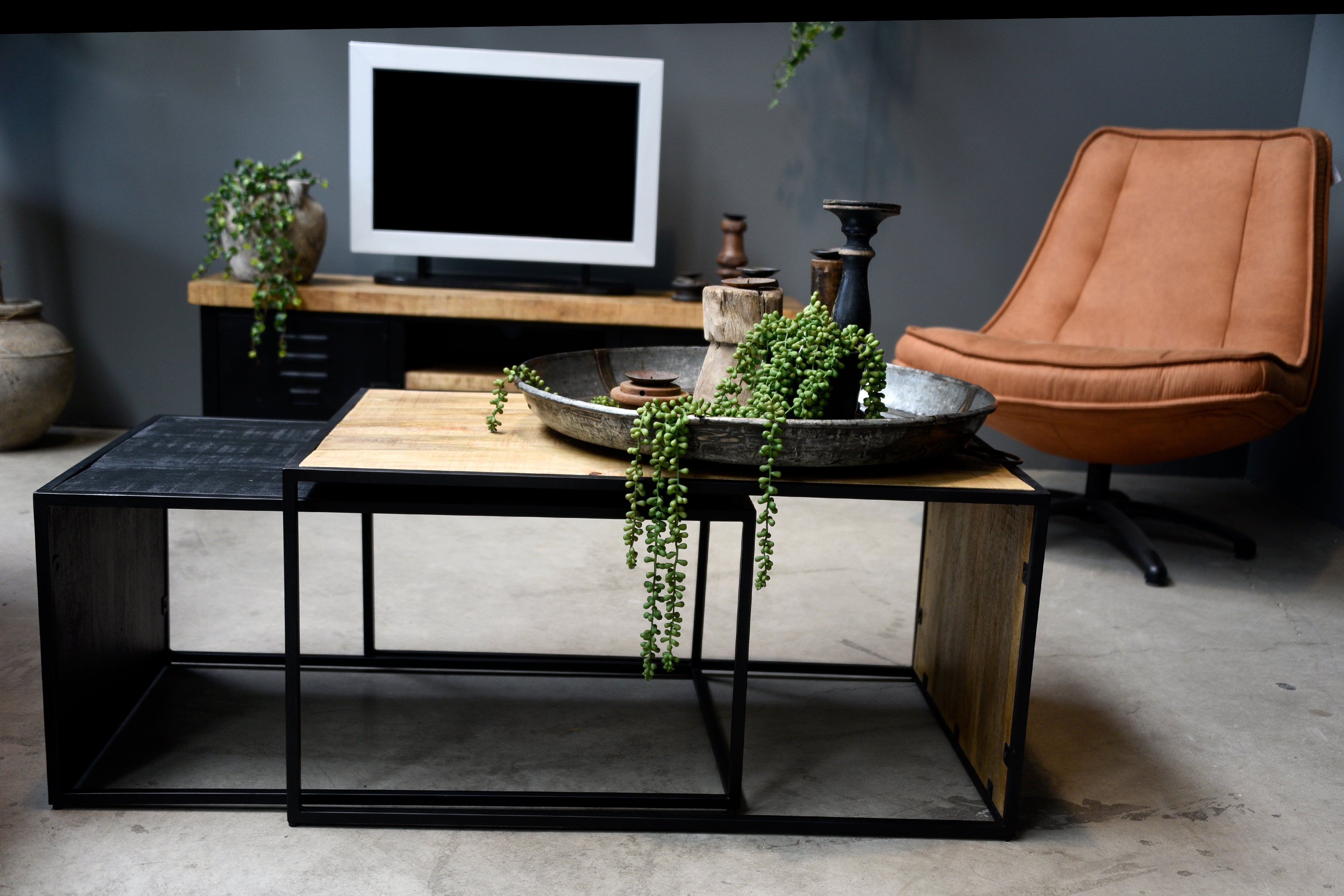 Salontafel set rechthoekig Industrieel Design | Mangohout en Staal | 90x60x45cm