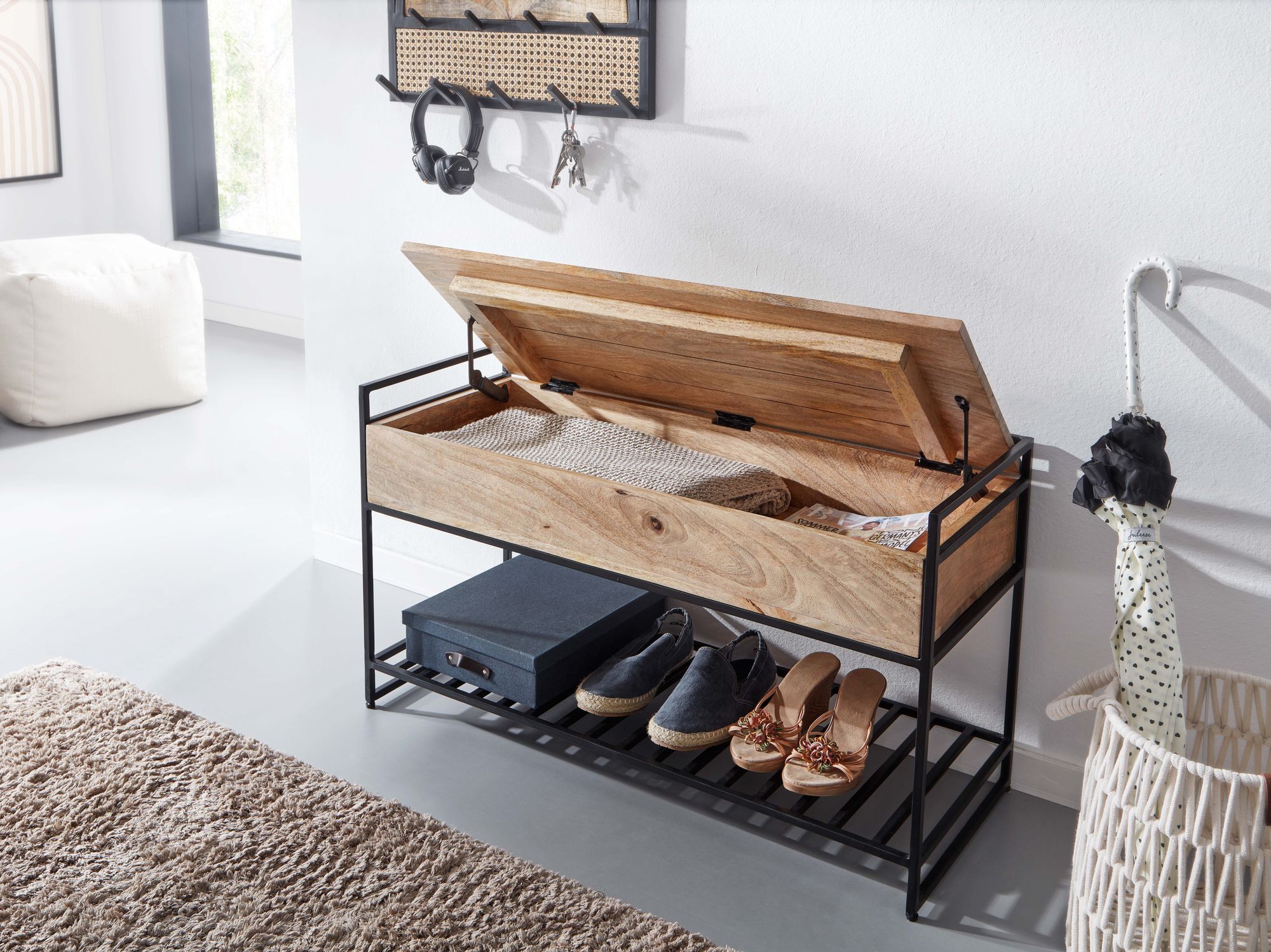 Opbergbank met opbergruimte | 90 x 52 x 38 cm | massief mangohout