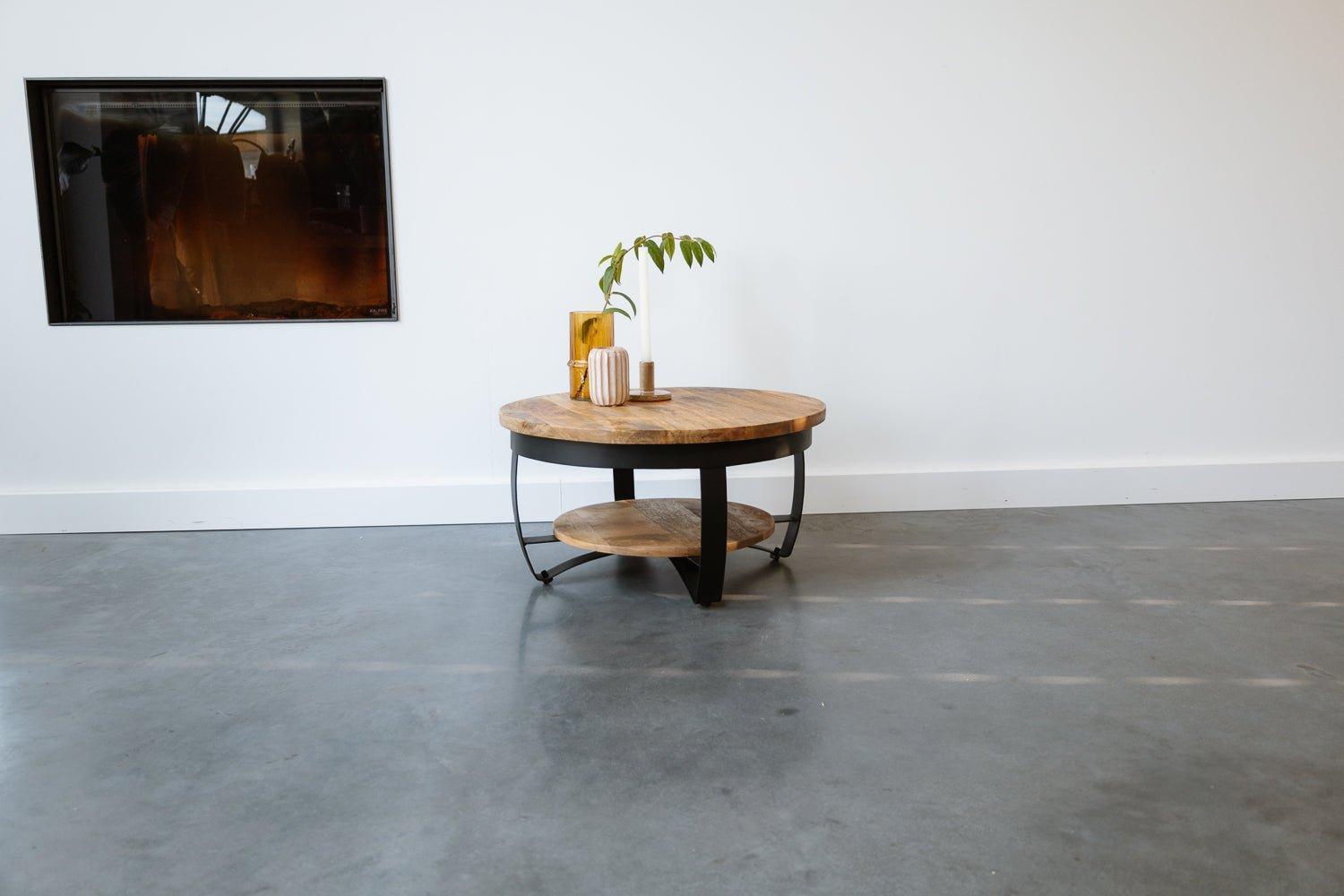 Salontafel Rond Industrieel Design | Mangohout en Staal | 65x34cm