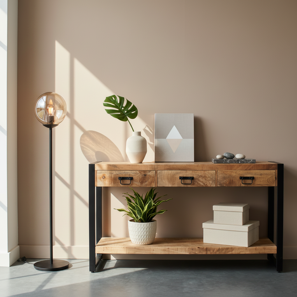 Sidetable met lades en zwarte handgrepen | Mangohout en Staal | 150x35x76cm