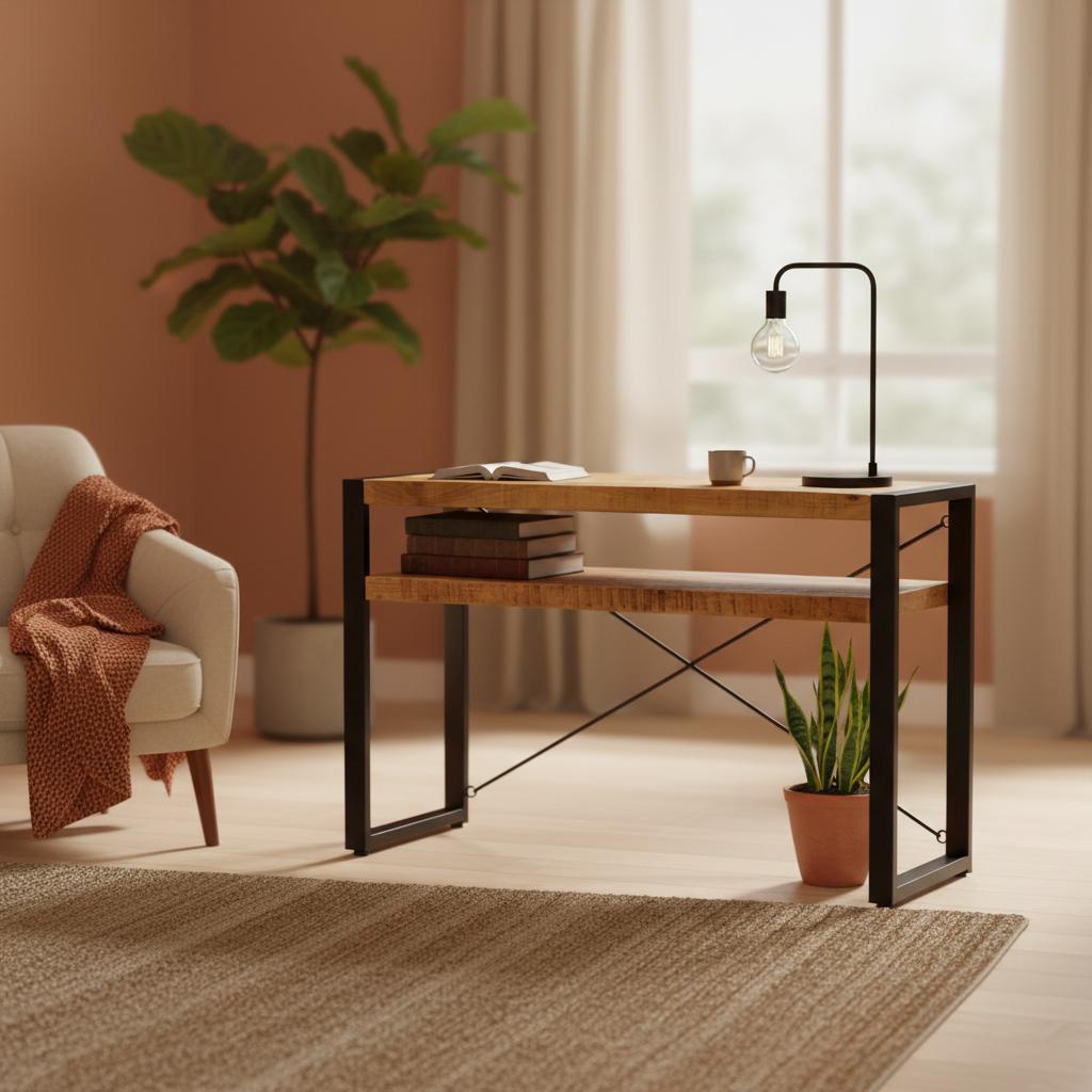 Sidetable industrieel Britt met schap | Mangohout en Staal | 120 x 35 x 76cm - Industrieelinhuis.nl