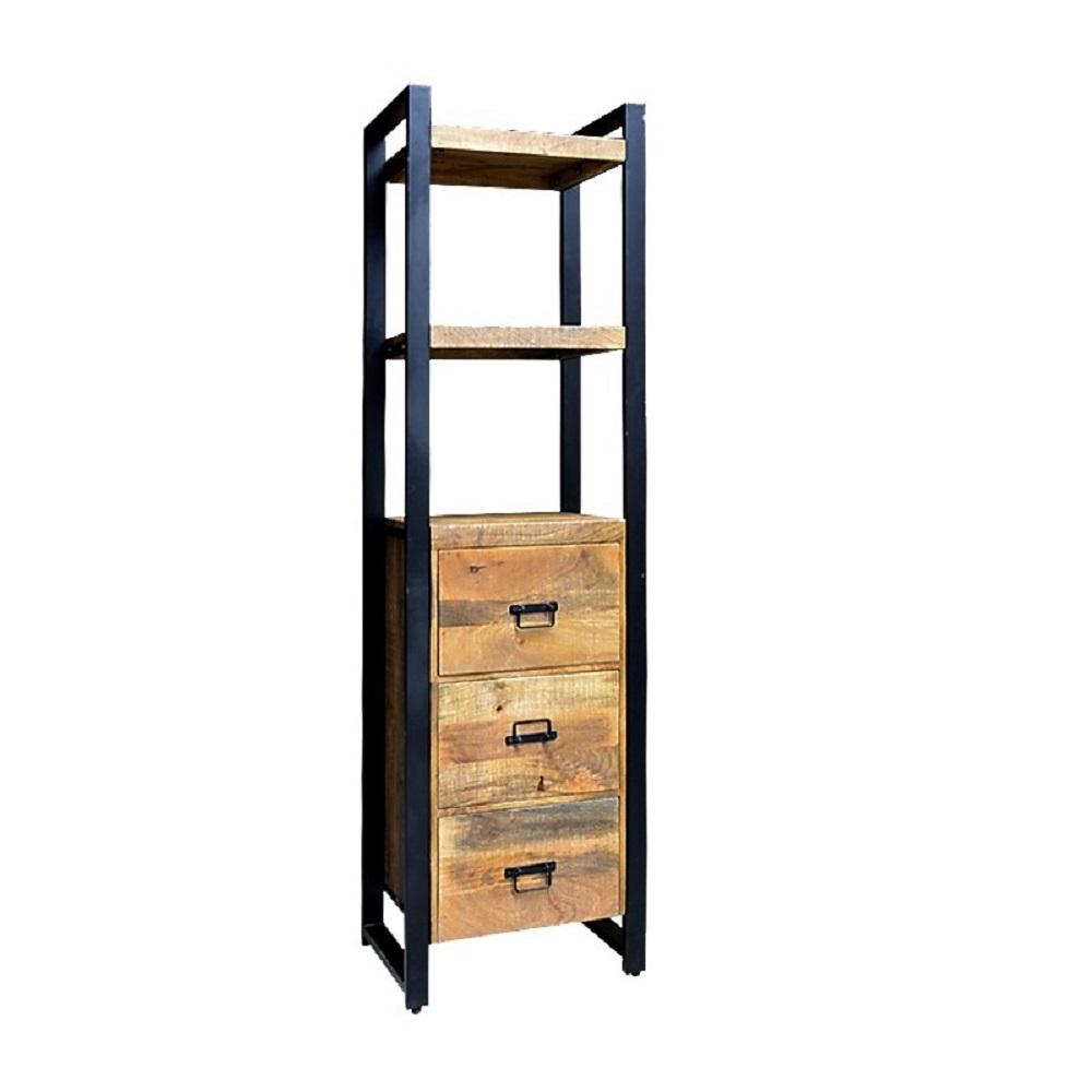 Smalle staande Boekenkast met lades Industrieel Design | Mangohout en Staal | 55x40x200cm