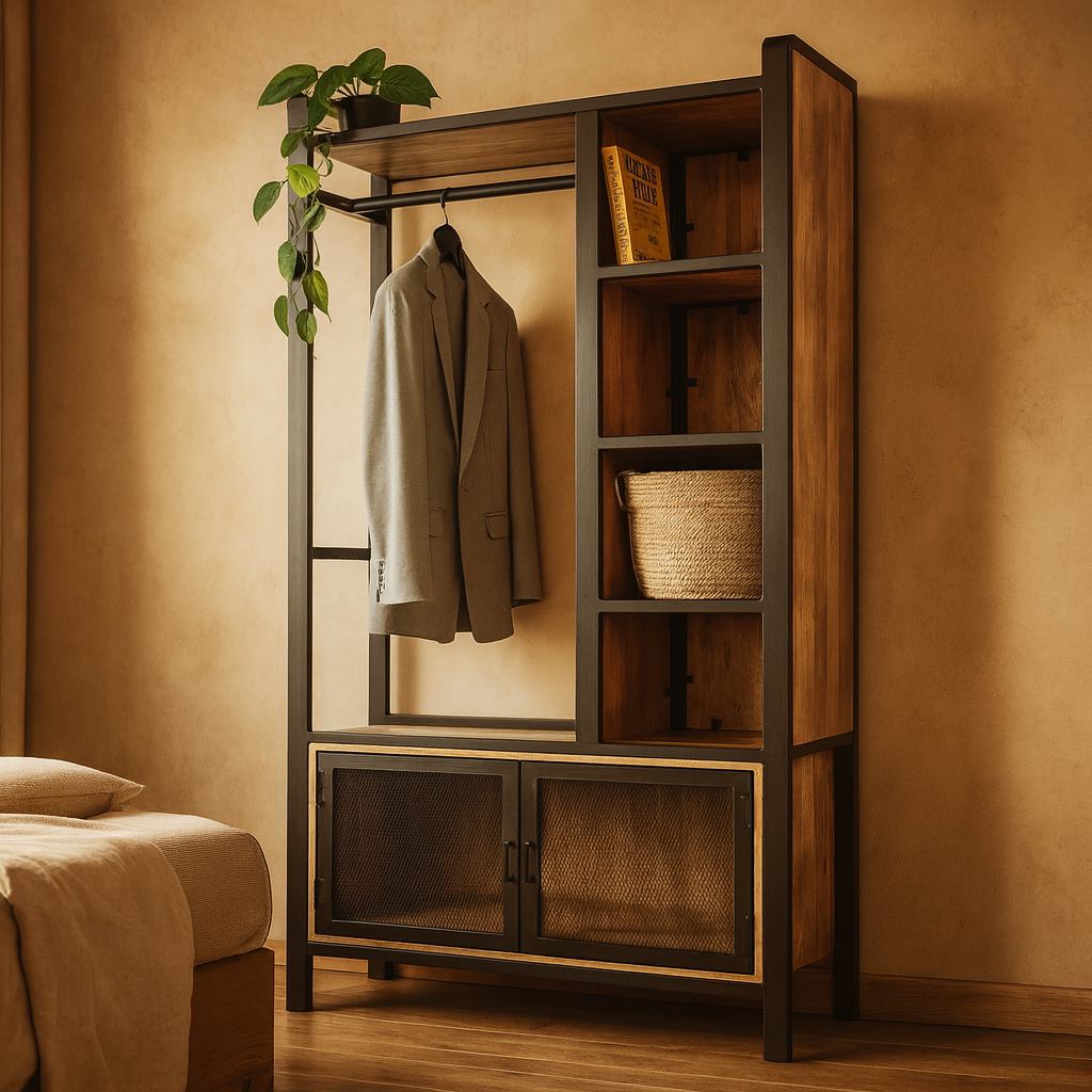 Garderoberek met rail en schappen Industrieel Design | Mangohout en Staal | 100x40x190cm