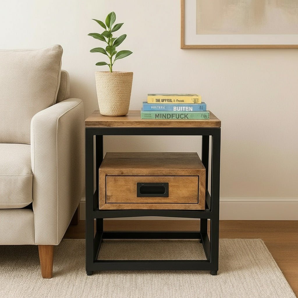 Bijzettafel mangohout | Nachtkastje | 45x35x50 - Industrieelinhuis.nl