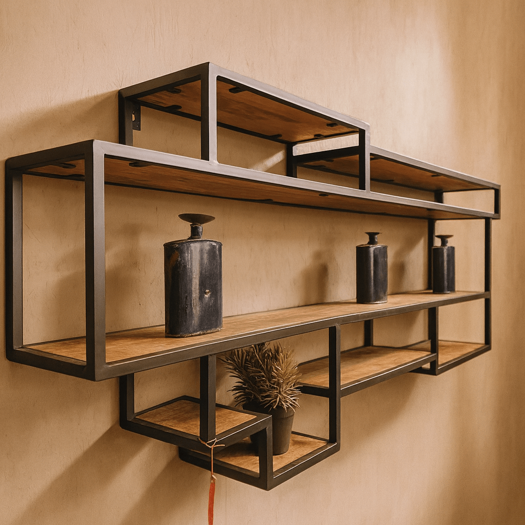 Wandplank industrieel design | Mangohout en Staal | 200x25x80cm - Industrieelinhuis.nl