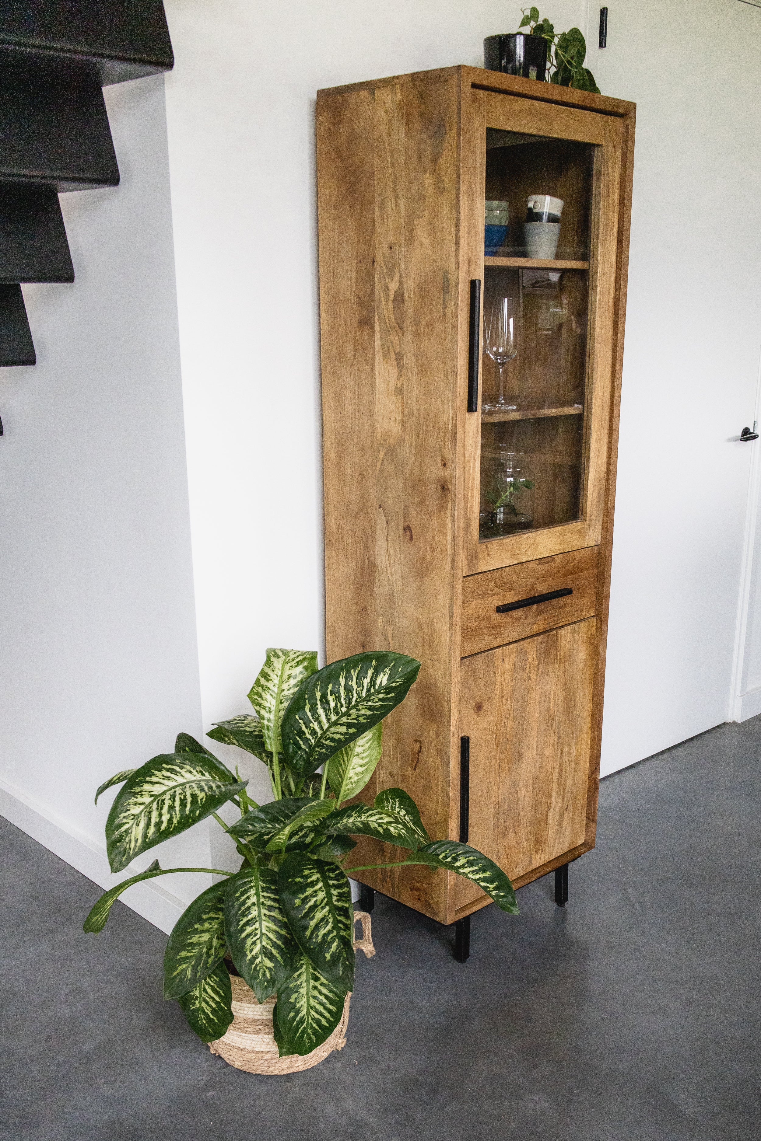 Smalle staande kast industrieel | Mangohout en Staal | 40x55x190cm