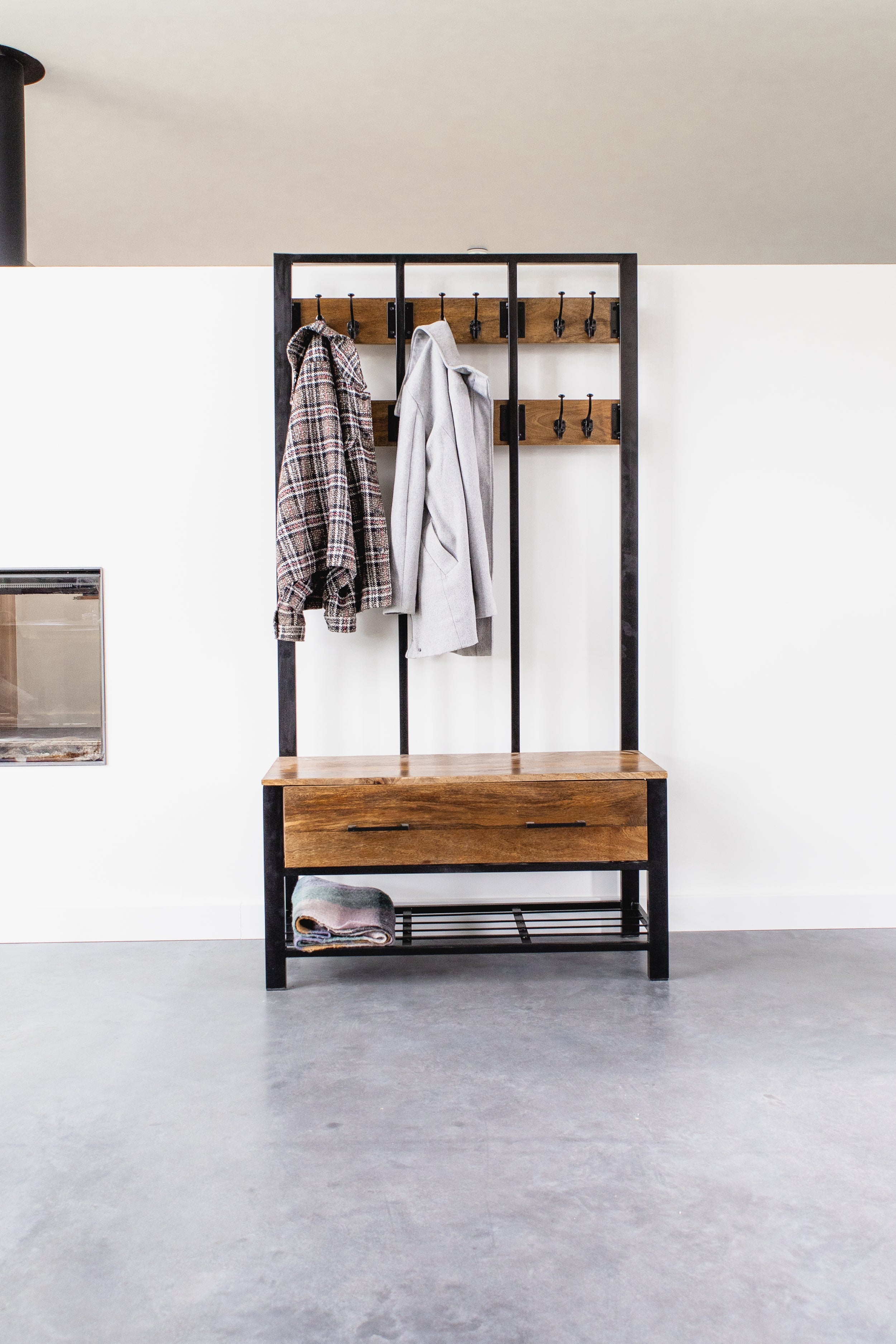 Garderoberek met Lade XL Industrieel Design | Mangohout en Staal | 100x40x190cm - Industrieelinhuis.nl