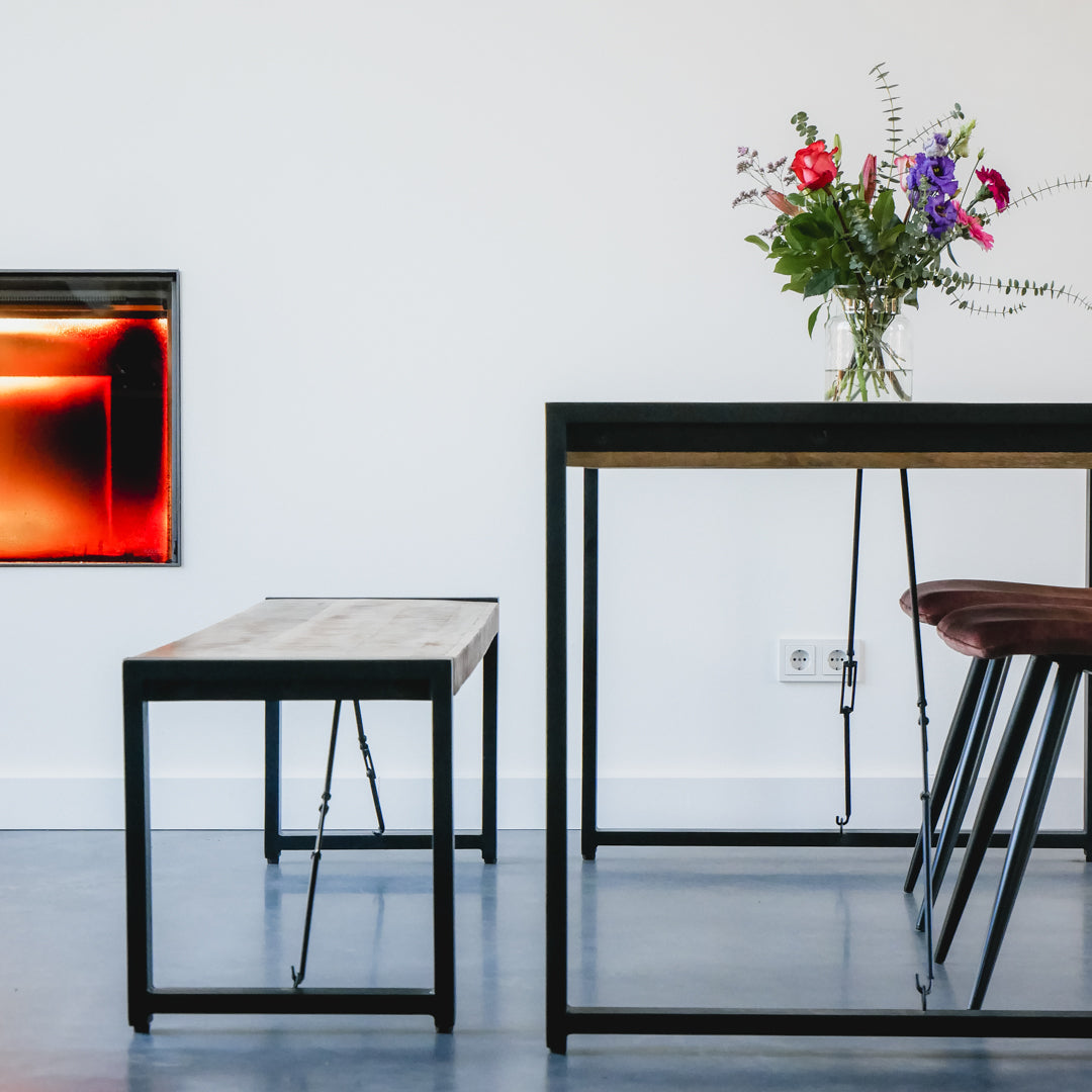 Eettafel bank industrieel | Mangohout en Staal | 100-120-140-160-180cm