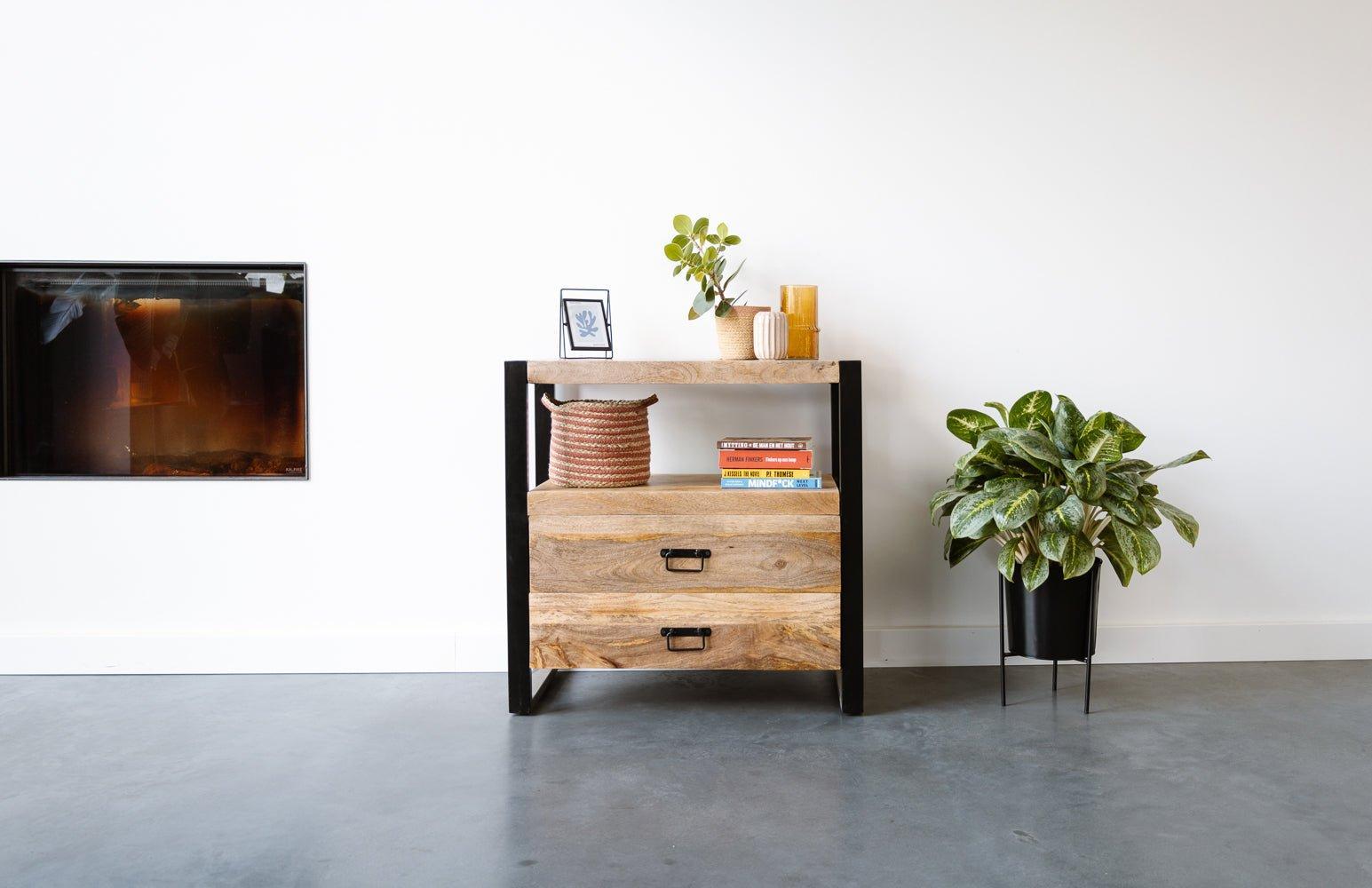 Mangohout kastje met 2 lades Industrieel Design | Mangohout en Staal | 80x40x80cm - Industrieelinhuis.nl