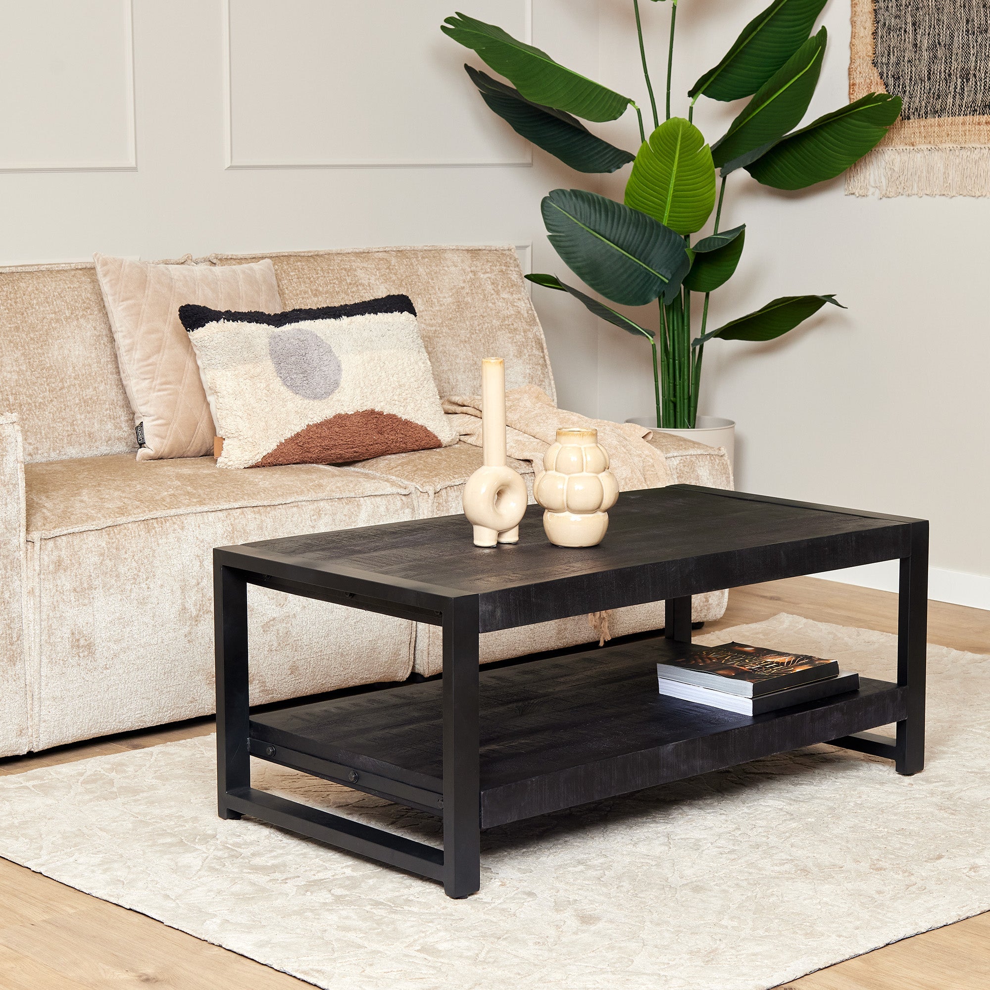 Salontafel Boaz Black met onderblad | 110 cm - Industrieelinhuis.nl